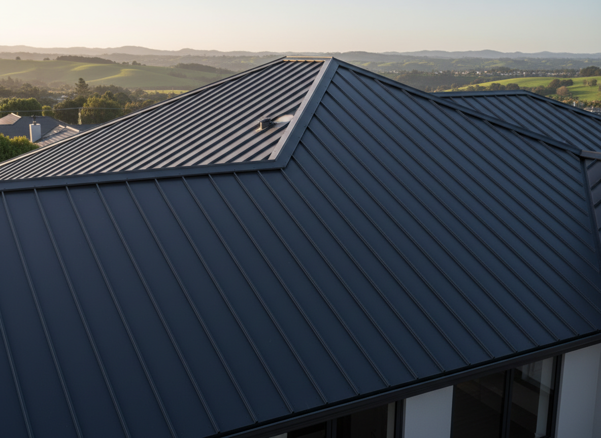 A newly installed dark charcoal metal roof with crisp standing seams, each panel perfectly aligned and reflecting subtle highlights, stretches across a modern Auckland suburban home. The roof’s clean edges neatly frame light grey gutters and a precise ridge line, with distant hints of the city’s rolling green hills beyond. Soft late afternoon natural light washes over the metal surface, revealing a fine, matte texture with gentle reflections. Photographed from a slightly elevated, three-quarter angle, the composition emphasizes sharp lines and craftsmanship, with sharp focus throughout. The mood is professional, reliable, and modern, in clean photographic realism that showcases premium roofing quality without any human presence.