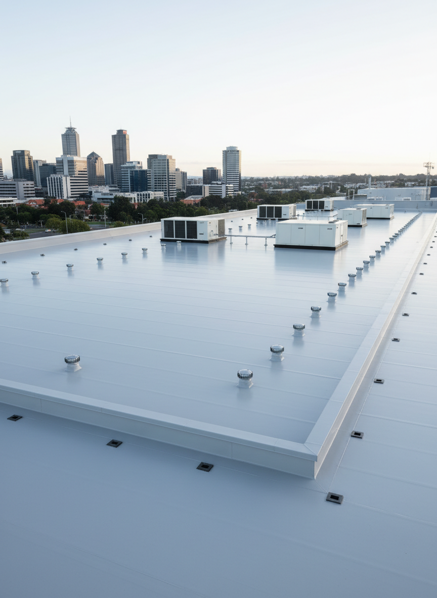 A modern commercial building in Auckland with an expansive low-slope membrane roof, flawlessly smooth and light grey, stretching toward the horizon. Precise drainage outlets, neatly aligned roof vents, and carefully mounted HVAC units sit in structured positions, all with clean, sealed bases. The surrounding skyline of distant office buildings and leafy streets appears softly blurred. Early morning natural light casts a cool, even glow across the surface, with subtle reflections and minimal shadow, emphasizing the flatness and precision of the installation. Photographed from a slightly elevated corner angle, the composition showcases the breadth of the roof and its organized technical features. The mood is highly professional and dependable, rendered in crisp, photographic realism suited to a commercial roofing services showcase, with no human figures anywhere in the scene.