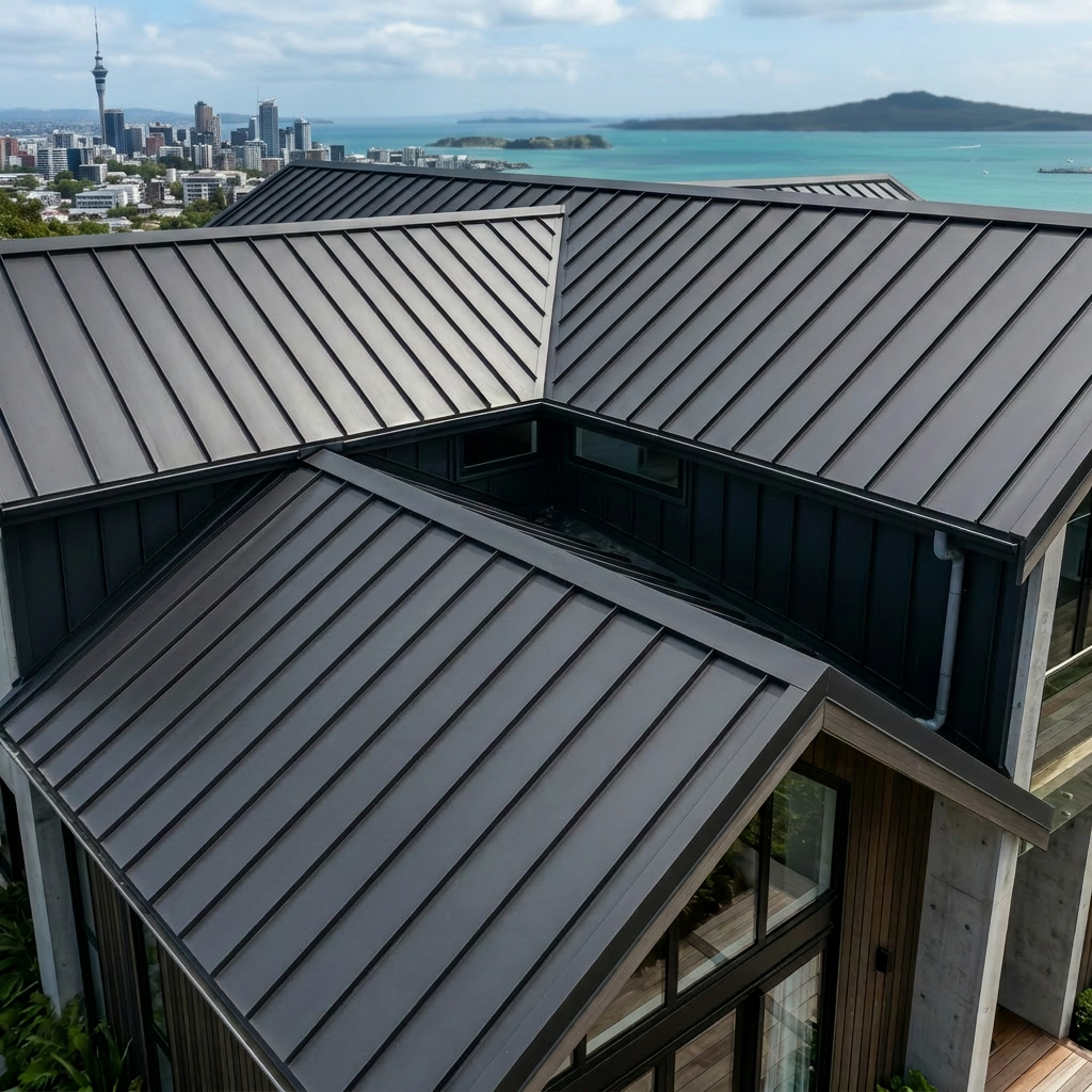 roofing Modern two-story house with metal roof near coastal city and bay
