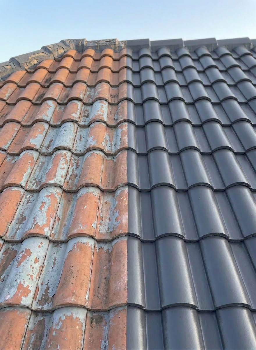 Roof with old, weathered tiles on left and new, dark grey tiles on right around chimney base