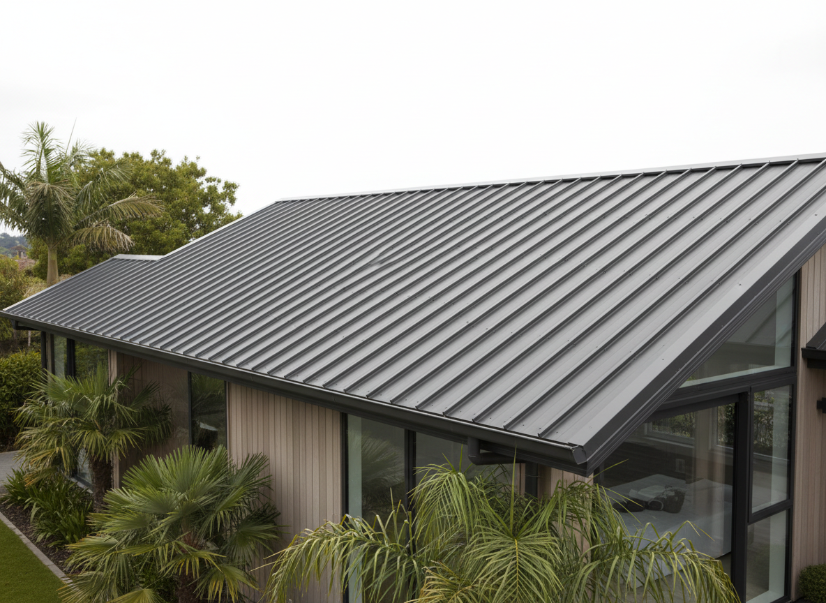 A clean, contemporary longrun metal roof on a modern Auckland home, shot at a slight angle to show profile and texture, under bright but soft daylight.