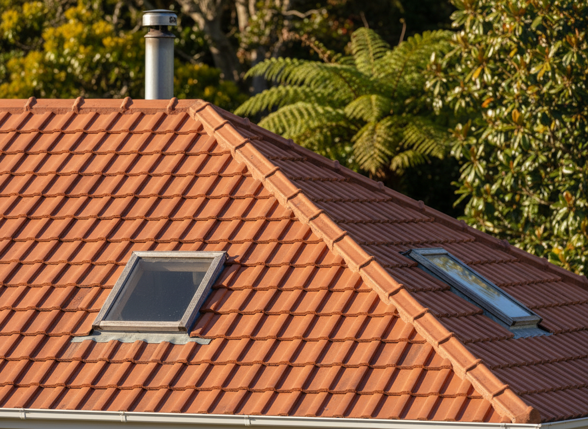 A classic New Zealand home roof with concrete or clay tiles, in good condition, showing the tiled texture clearly, with some greenery in the background.