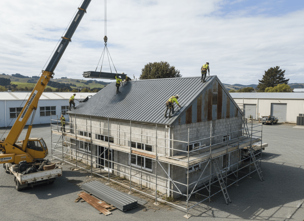 Small commercial or light industrial building in New Zealand with new metal roofing being installed, crane or scaffolding visible, daytime, realistic photography