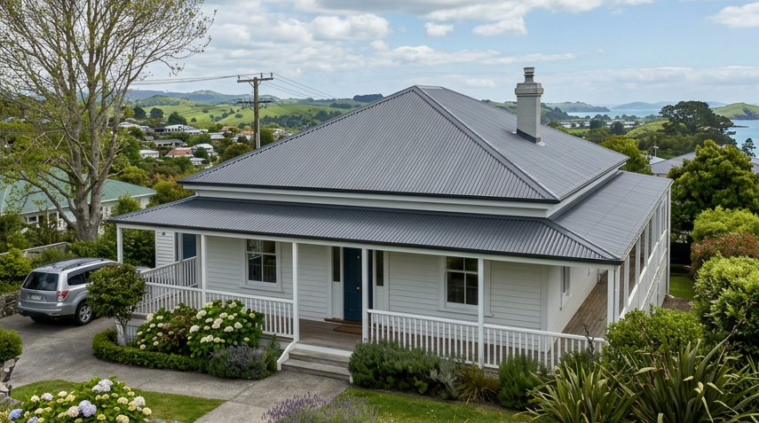 White house with gray corrugated metal roof, front porch, garden, and distant hills