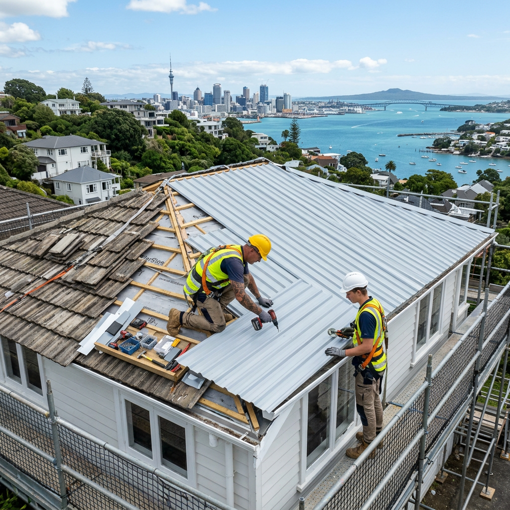 Two construction workers installing metal roofing on a house with a city skyline and water in the background