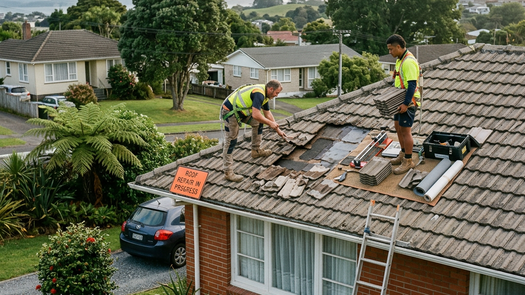 Two workers repairing roof tiles on a suburban house with tools and materials