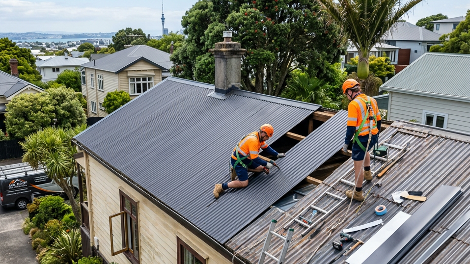Two construction workers replacing the metal roof on a home