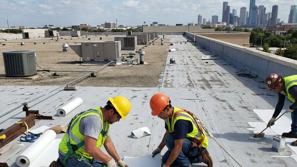 Three construction workers wearing safety vests and helmets applying roofing membrane on a flat rooftop with city skyline in background