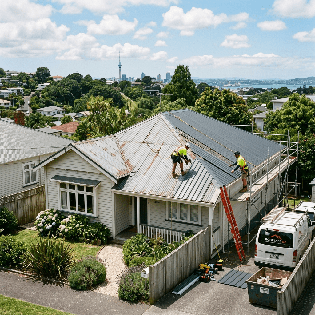 Workers replacing metal roofing on a suburban house with scaffolding and equipment