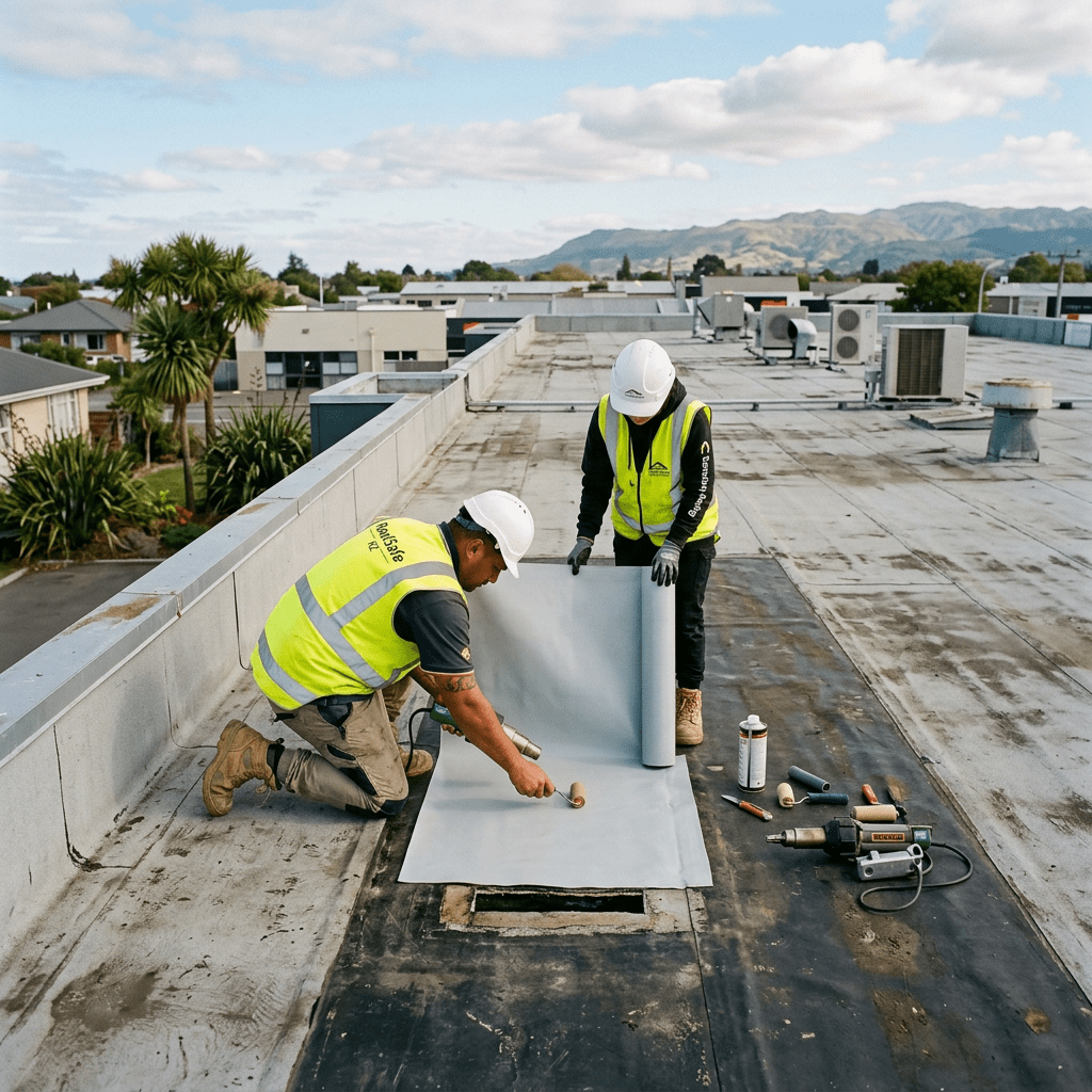 Two construction workers in safety gear applying waterproof membrane on flat roof