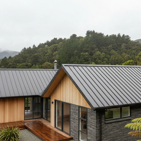 A high-quality, professional photo of a house in New Zealand with a freshly painted roof, showing clean lines, modern roofing materials, and lush greenery in the background, overcast but bright sky, shot wide for use as a website hero banner, no text, no people