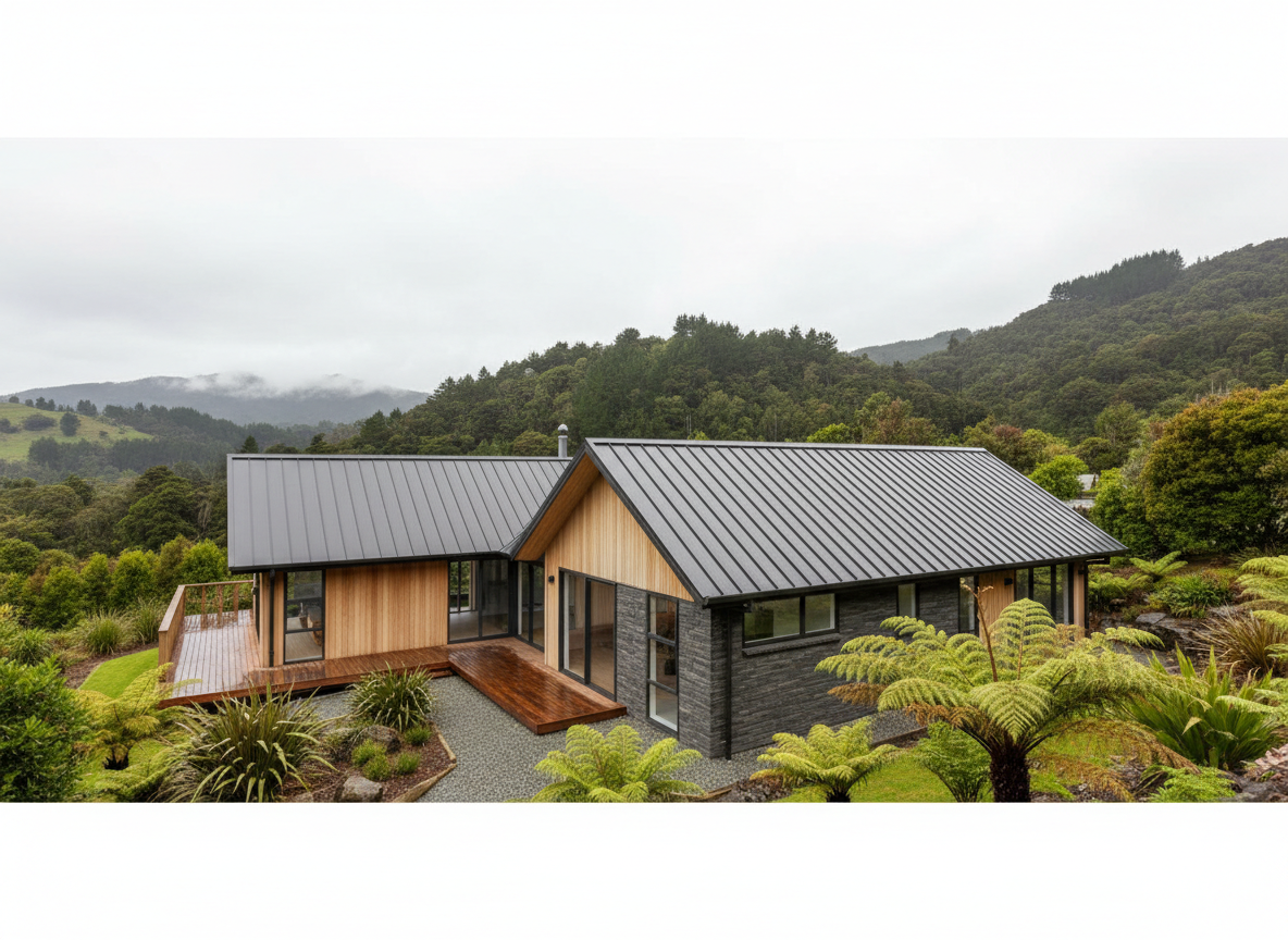 A high-quality, professional photo of a house in New Zealand with a freshly painted roof, showing clean lines, modern roofing materials, and lush greenery in the background, overcast but bright sky, shot wide for use as a website hero banner, no text, no people