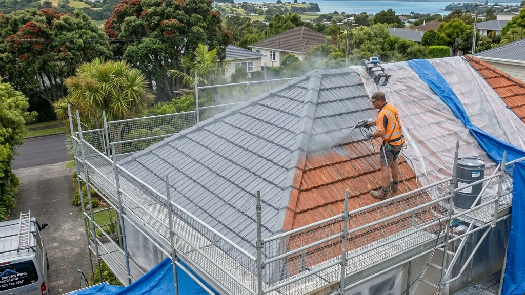 Worker in orange vest painting roof gray with roller on ladder