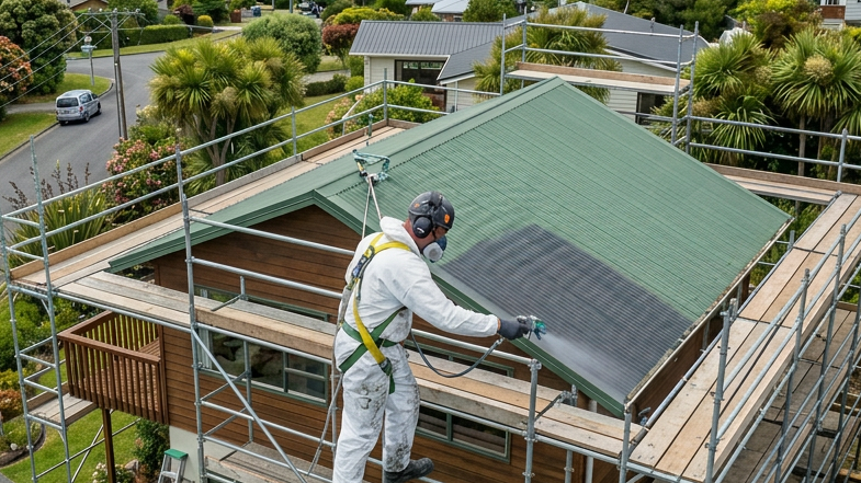 Person wearing protective gear pressure washing a green metal roof of a house