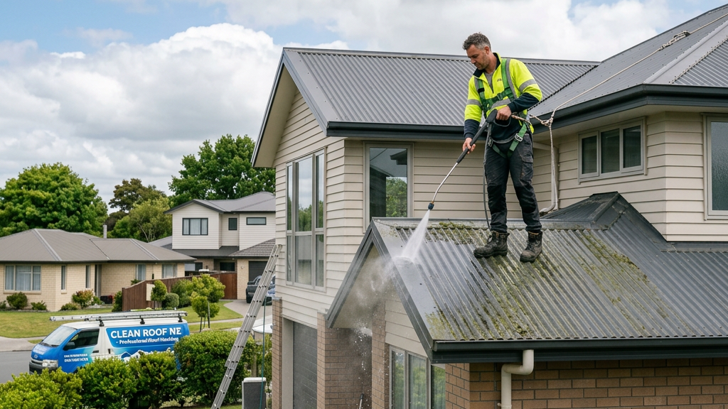 Worker in safety harness power washing a residential roof
