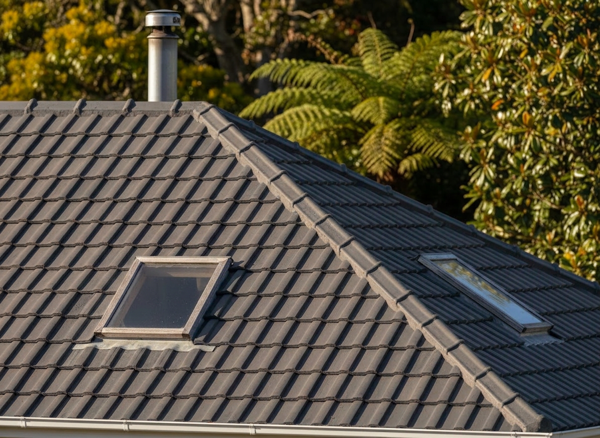 A classic New Zealand home roof with concrete or clay tiles, in good condition, showing the tiled texture clearly, with some greenery in the background.