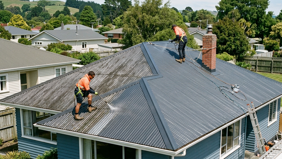 Two workers cleaning a metal roof with pressure washers