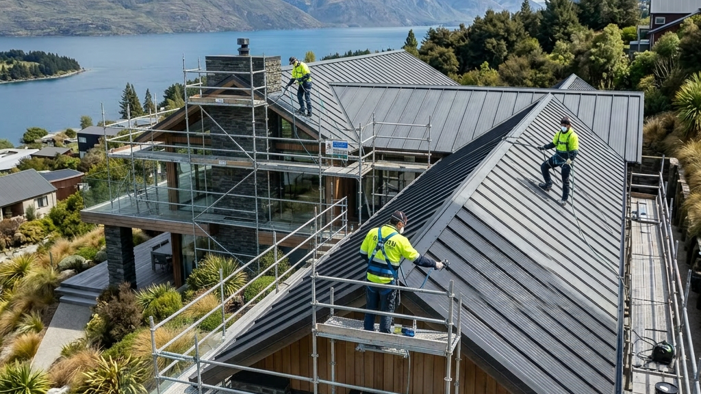Two workers cleaning a metal roof of a modern house overlooking a lake and snow-capped mountains