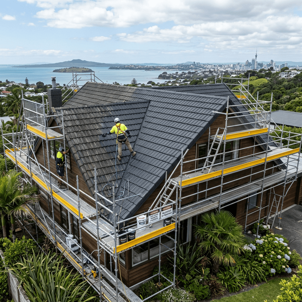 Two workers restoring and painting a residential roof with safety scaffolding and harnesses