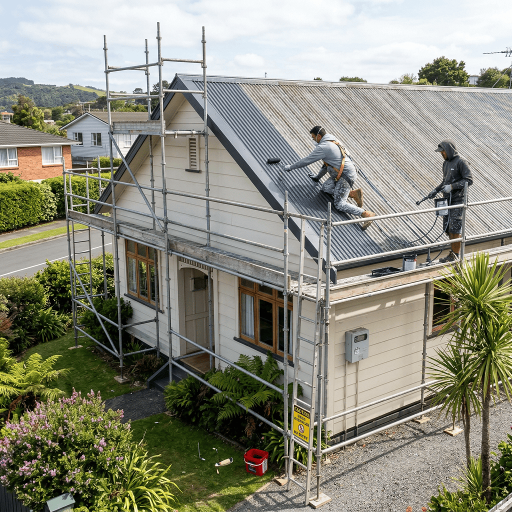 Two workers painting a metal roof with scaffolding around house