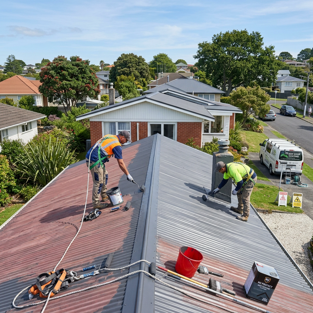 Two workers applying protective coating to a metal roof in a house neighborhood