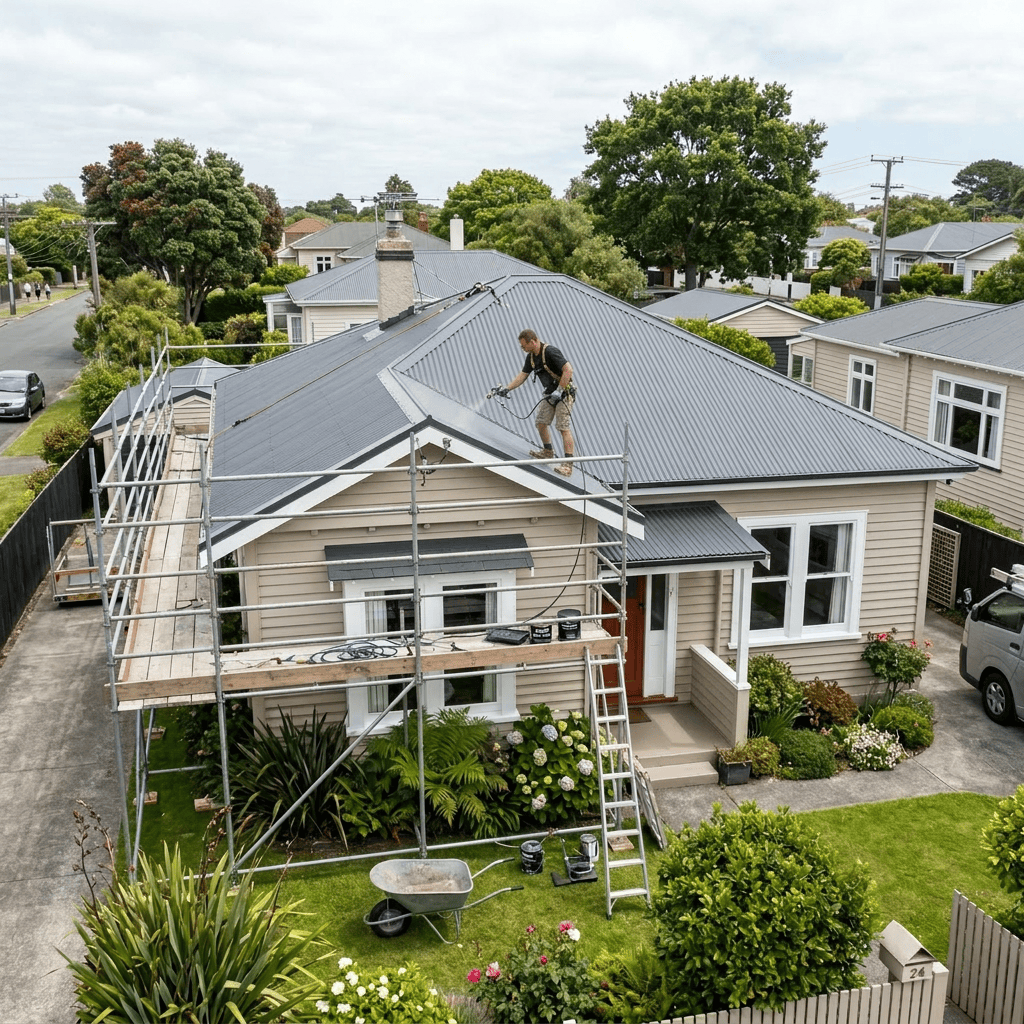 Worker repairing metal roof on suburban house with scaffolding