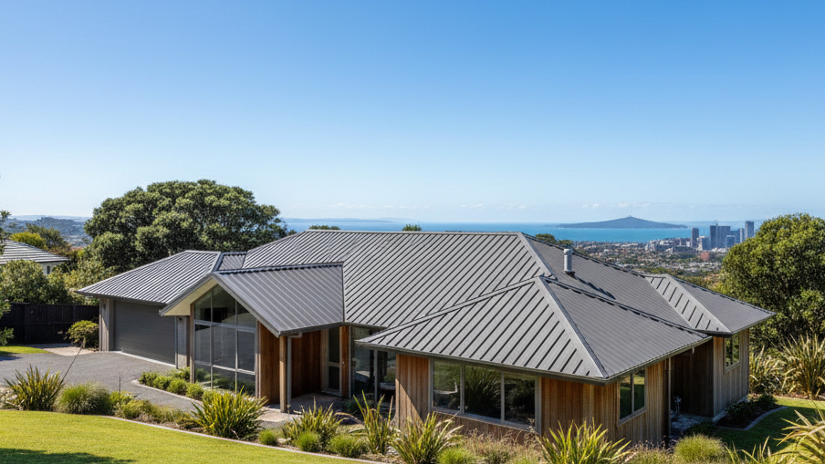 A high-quality, professional photo showing a New Zealand house with a newly installed metal roof in neutral colours, clear sky, subtle Euro Roofing branding style, wide composition suitable as a website hero image for re-roofing services in Auckland.