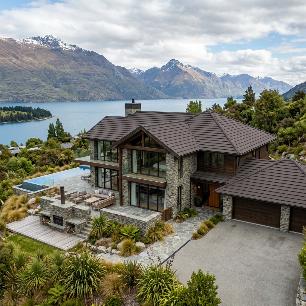 Modern stone and wood house with lake and snow-capped mountains behind