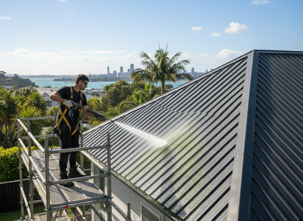 Edit the existing hero roof washing image to remove any overlaid writing, logos, or text from the photo, keeping only a clean, professional roof washing scene on a modern Auckland home. Maintain the same composition, colours, lighting, and safety-appropriate details, but ensure there is no visible text or graphic elements on the image.