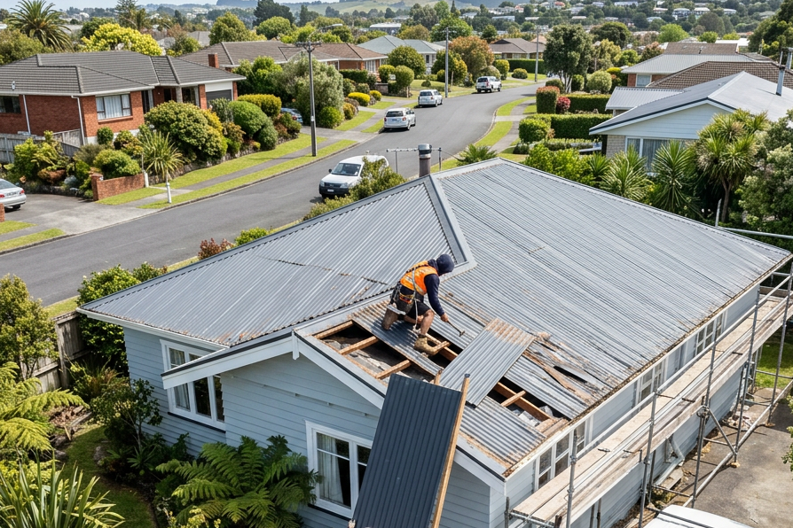 Workers repairing and installing metal roof panels on a suburban home