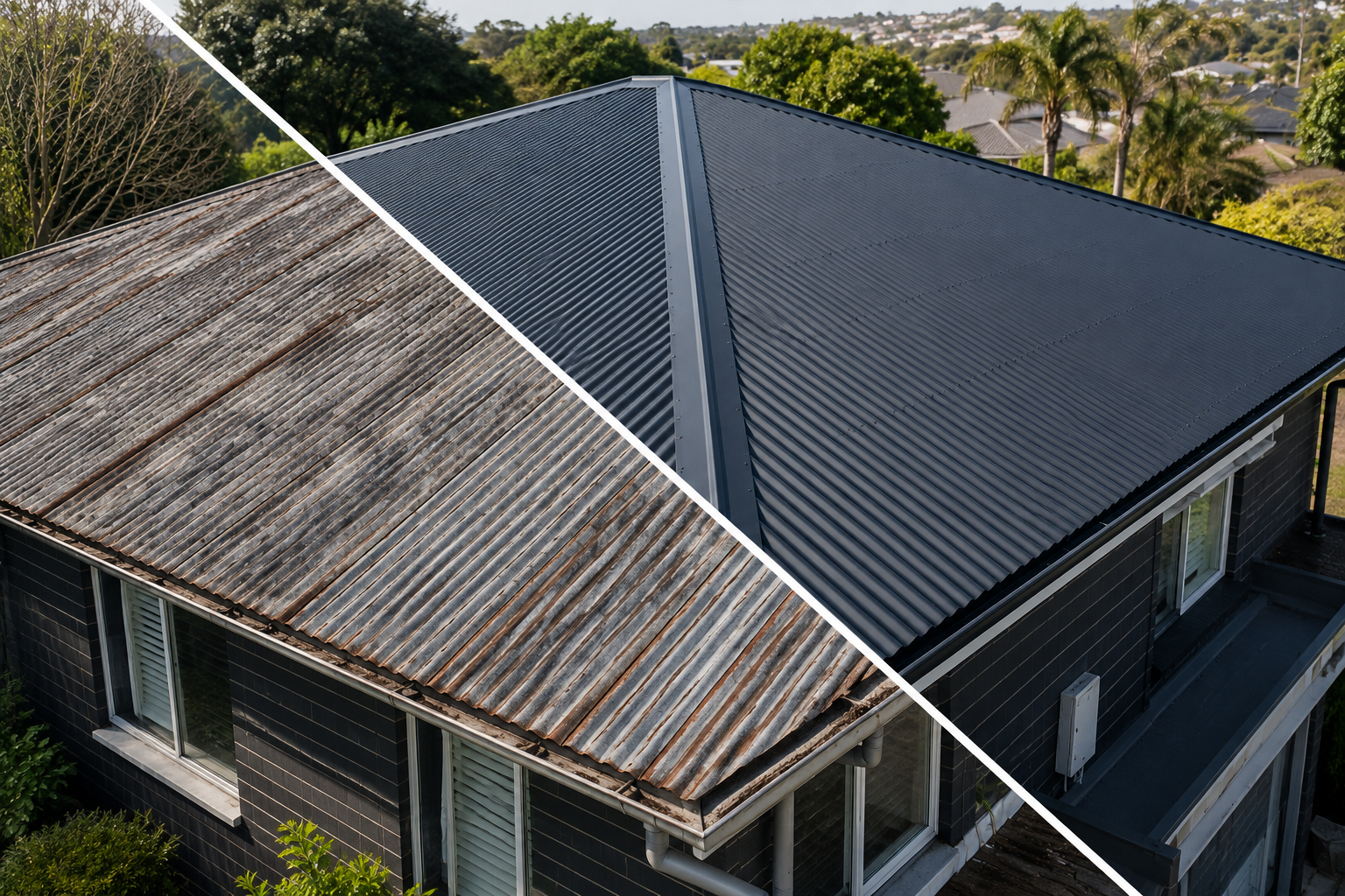 Euro Roofing team completing re-roofing Auckland project on metal roof